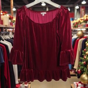 Women's Large Red Velvet Ruffle Blouse Fever Christmas Holiday‎ 3/4 Bell Sleeve